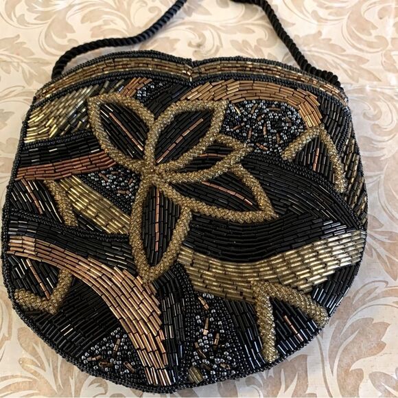 Vintage Beaded Crossbody Handbag Black Gold Peoples Republic of China Gorgeous - Picture 6 of 9